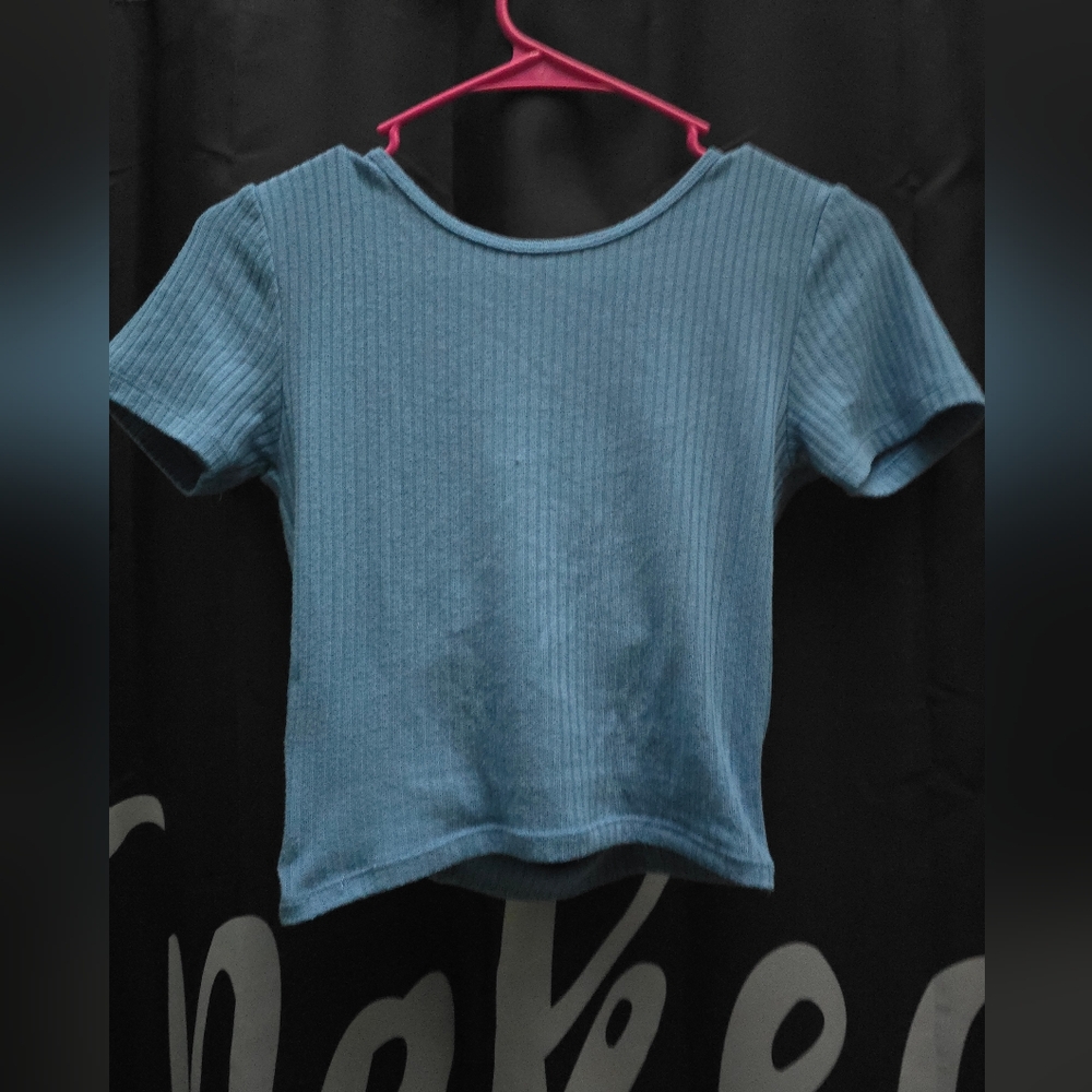 Blue Ribbed Knit Crop Top - Picture 4 of 4